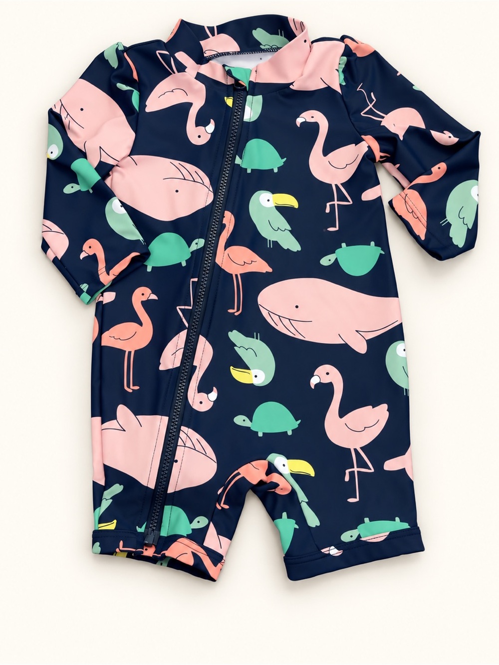 Kids carters Navy Pink Flamingo & Sea Creatures Rash Guard Swimsuit